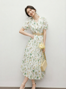 HOPESHOW | Puff Sleeve Waist Accentuating 100%Cotton Floral Dress