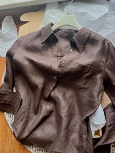 Recommended! Imported Linen Brown Polo Neck Long Sleeve Commute Sunscreen Shirt Womens Fashion Korean Style Pure Color Top