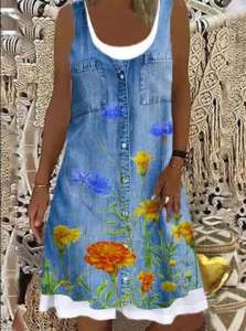 Váy Thường Ngày Không Tay in Họa Tiết Thời Trang Mùa Hè Cho Nữ Váy Chữ a Cổ Tròn Eo Rộng