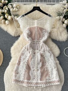 French Style Retro Elegant Fancy Palace Style Embroider Flower Waist-Tight Dress for Women Slim Looking Sweet Dress Trendy