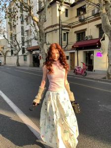 Retro French Floral Print Drawstring Flower Bud Half Skirt Womens Spring High Waist Long Skirts Commute Style A-Line Skirt