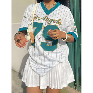 Los Angeles No. 79 Jersey V-neck Loose Streetwear 3D Printed Vertical Stripe Fashion Short Sleeved Womens Summer Sports Tee