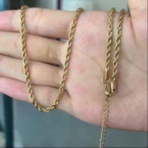 Trendy 18K Gold Plated Necklace Stainless Steel Minimalist 3MM Twisted Rope Chain Necklace for Men