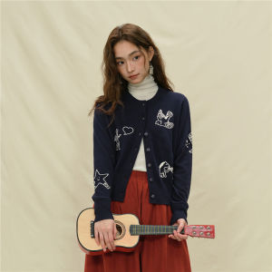 Designer Giordano Womens Knitted Cardigan round Neck Loose Fit Color Block Rope Embroidery Soft Acrylic Nylon Polyester Blend