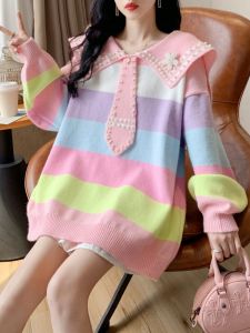 Mid Length Loose Fit Knit Sweater for Women Doll Collar Stripe Pattern Casual Style Ideal for Spring Autumn Birthday Party