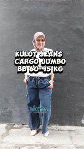 AFAREEN - Kulot Jeans Cargo Jumbo Celana Cargo Jeans Wanita Baggy Jeans Cargo Pinggang Karet