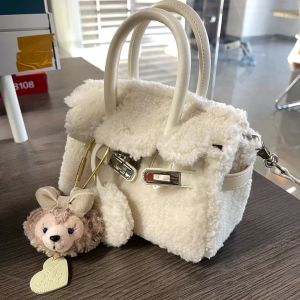 Platinum Lamb Fur Kelly Bag Womens Crossbody Shoulder Bag Autumn Winter New Style Casual Simple Style Handbag Soft Canvas Material