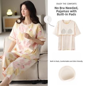 Miiow | Pure Cotton Summer Sleepwear Womens Thin Short Sleeve Seven-Foot Loose Large Size Outdoor Wear Home Clothes Set Comfortable Casual Lightweight