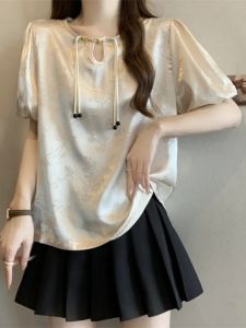 plus Size Womens Short Sleeve Shirt Traditional Chinese Embroidery High Waist Button up Summer Fashionable Casual Top