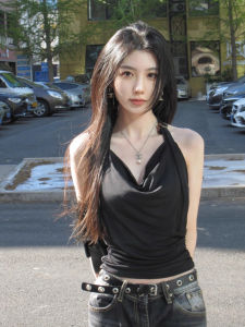 chaqi | Black Chain Strapless Crop Top Women Summer Outdoor Spicy Design Sensation Slim Fit Backless Sleeveless Hanging Neck Vest