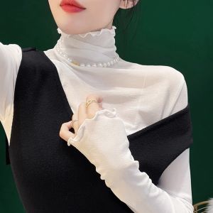 Áo Cao Cổ Lót Len Với Ren Và Mạng Có Viền Hình Tai