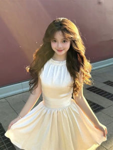 Butterfly Knot Hanging Neck Dress Womens A-Line Short Skirt Slimming High Waist Diamond Studded Autumn Fashion Elegant Rich Girl Style