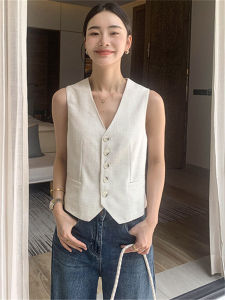 Slim Fit V-Neck Cotton Linen Jacket Womens Short Outerwear Sleeveless Button up Thin Style Commute Fashion Classic Design