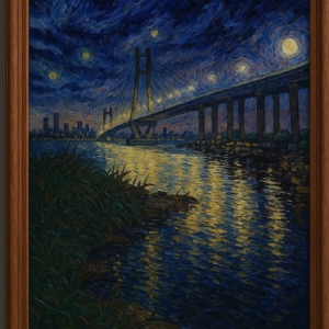 Tranh Nghệ thuật "Bầu Trời Đêm Sao Và Cây Cầu 2" VIETSMART ART - Sơn dầu 45 x 60cm