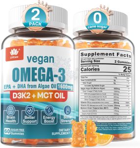 [COD] Lilicare Vegan Omega3 Gummies 1280mg- from Marine Algae Oil w/EPA 600mg & DHA 400mg Vitamin D3 K2 & MCT Oil No Fish Taste Sugar Free Omega 3 Fish Oil Alternative for Brain Eye Immunity