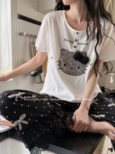 Cute Kitty Long Sleeve Home Clothes Gill Aimar Bear Family  Style Student Wearable Autumn Winter Cotton round Neck Sleepwear