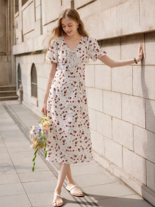 XIANGYING | French Style Floral V-Neck A-Line Dress