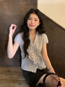 Elegant French Style V-Neck Plaid Short Sleeve Shirt