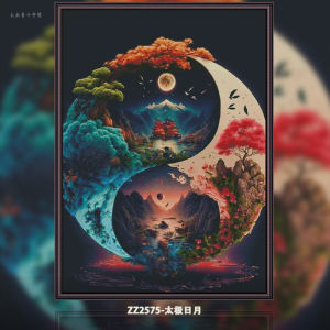 KZ-ZZ2575 Tai Chi Moon Sun Cross Stitch 2025 ใหม่ขนาดใหญ่สำหรับห้องนั่งเล่นและห้องนอน ทำด้วยมือ วัสดุผ้าฝ้าย สไตล์เรียบง่ายและโมเดิร์น