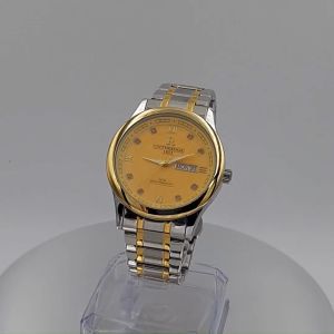 Đồng hồ nam thời trang ontheedge mặt kính tráng sapphire chống xước cao cấp có lịch ngày đẹp giá rẻ tặng hộp pin chuỗi tỳ hưu sọc vàng mặt vàng RZY025