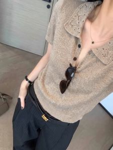 YUANYA | Lace Hollow Polo Collar Knit Short Sleeve T-Shirt Slim Fit