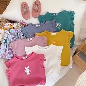 Bộ trang phục bé gái 3-8 tuổi gồm áo ba lỗ cánh bướm hoạt hình + quần ngắn hoa phong cách đơn giản mùa hè đa sắc màu