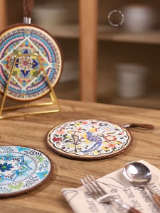 【SG stock】Set of 6 Vintage Ceramic Trivets Heat Resistant Kitchen Anti-Skid Mat Table Accessories