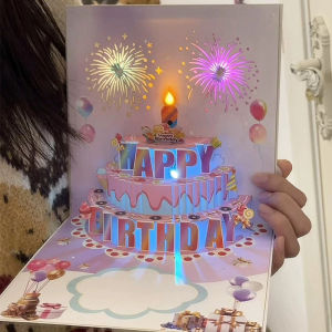3D Birthday Greeting Card Creative Foldable Cake Music Light Cartoon Postcard Stand up Design Colorful Lighting Feature