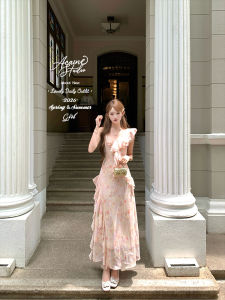 Summer Floral Long V-Neck Ruffled Waist-Cinched Dress