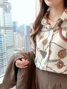 TianShun Fashion Lapel Shirt Unique Necklace Chain Print Womens Chiffon OL Work Casual Long Sleeved Top Shirt