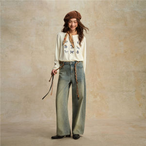 Giordano High Waist Straight Leg Jeans Womens Retro Washed Leather Celebrity Style Casual Cotton Polyester Blend