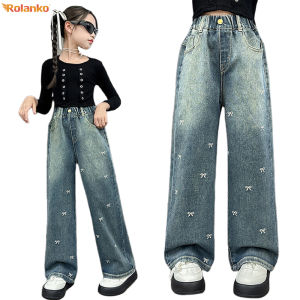 Rolanko Wide-Leg Jeans Pants for Kids Girls Elastic Waist Casual Denim Baggy Trousers School Children Bottoms 5-14 Years