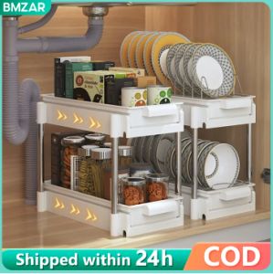 BMZAR Metal dish organizer rack Stainless steel pull-out retractable Storage Rack Kitchen space saving dish rack