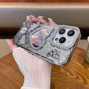 Luxury Rhinestone Heart Mirror Silicone Case for  16Promax 17Pro Anti-Fall Womens Style 15High-End 14Unique 13Makeup Mirror 12P Butterfly Design