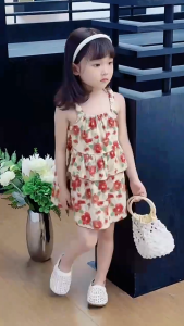 👧🎀🌸👑🩰เดรสเด็กหญิงสายเดี่ยวลายดอกแขนกุดสไตล์เจ้าหญิงน่ารักระบายอากาศได้ดีสำหรับฤดูร้อน 2025 ✨