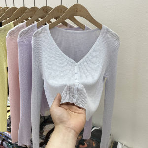Summer Ice Silk V-Neck Knitted Slim Fit Cardigan Womens Thin Long Sleeve Shawl with Strap Outerwear Coat Top Korean Style Commute Pure Color