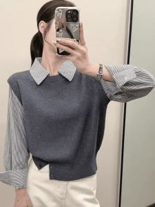 Korean Style Fake Two-Piece Sweater New Splicing Stripes Bottom Opening Knitted Top Women Simple Elegance High-End Feeling