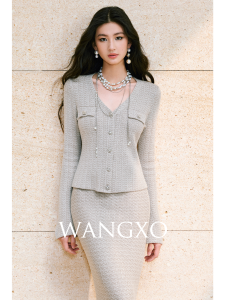 WANGXO | Áo Cardigan V-neck Phong Cách Pháp Chất Liệu Len Pha Herringbone
