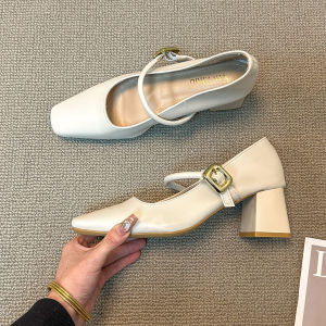 Early Spring French Style Mary Jane High Heels Womens Buckle Retro Square Head Soft Leather Thick Heel Single Shoes Grandma Shoes