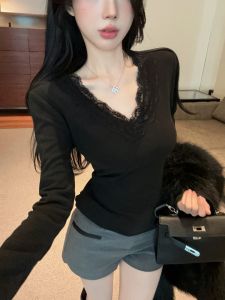 GUZILIAN | Pure Desire Small Fragrance V-neck Lace Splicing Base Shirt Womens Autumn High-grade Sensation Elegant Lazy Long Sleeve Top