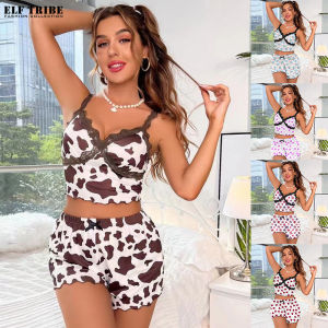 ELF TRIBE Bộ Đồ Ngủ Nữ dây nịt tất ren Ren Đầy Màu Sắc Quần Short dây nơ Phù Hợp Với Phụ Nữ Homewear