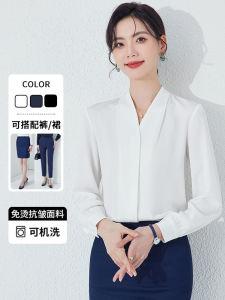 Elegant White Long Sleeve Womens Shirt Spring Autumn Commute Top Professional Formal Satin V-neck Base Layer Button up