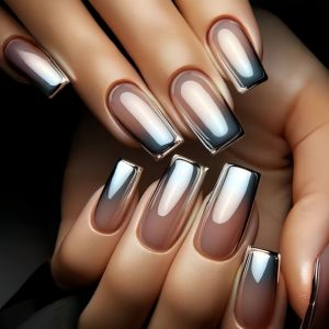 Short Medium fake nails for women Holographic Plated metallic golden grey silver colors square full cover tips press on nail art