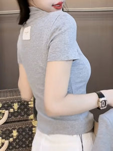 Slim Fit Yellow T-Shirt Back Patch Pure Color Short Sleeve Korean Style Fashionable Spring Summer V-Neck Moisture Wicking