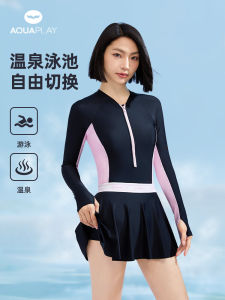 AquaPlay Thermal Spring One-Piece Swimsuit with Skirt Winter Dive Womens Adult High-End Swimming Suit Nylon Fabric Sunscreen Long Sleeve