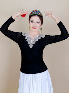 Classic Dance Performance Costume Xinjiang Uygur Ethnic Base Shirt Rhinestone Embellished Mesh Patchwork Breathable Versatile