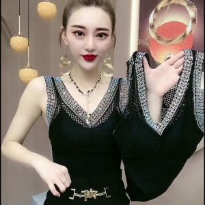 เสื้อกั๊กสายเดี่ยวคอวีประดับเพชรสำหรับผู้หญิง ทรงเข้ารูป ใส่ด้านนอกได้ เสื้อชั้นในแบบมีแผ่นเสริมหน้าอก ไซส์ใหญ่ เสื้อผ้าทำงานฤดูร้อน