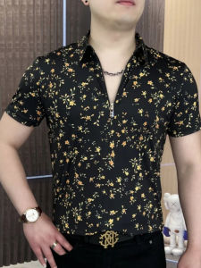 Áo Thun Nam Tay Ngắn Lụa Băng Mùa Hè Cổ Polo Khóa Kéo Nửa Tay Áo Thun Thoáng Khí Họa Tiết Hoa Thời Trang Thường Ngày