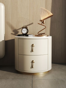 Round Bedside Table Minimalist Modern Bedroom Small Bedside Cabinet Accessible Luxury Classy Stone Plate Solid Wood Leather Locker