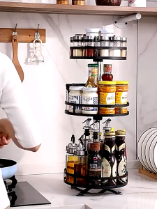 【SG】IRO 360° Kitchen Spice Rack 1/2/3 Tiers Condiment Organizer Storage Rak With wheels Kitchen Spice Sauce Rack Spin Storage Shelf Seasoning Rotating Tray Rack Easy Assembly Nordic style ins style
